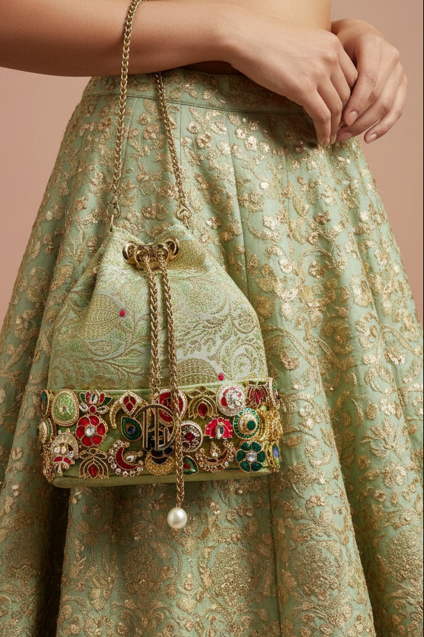 Banarasi Kundan Green Bucket Bag