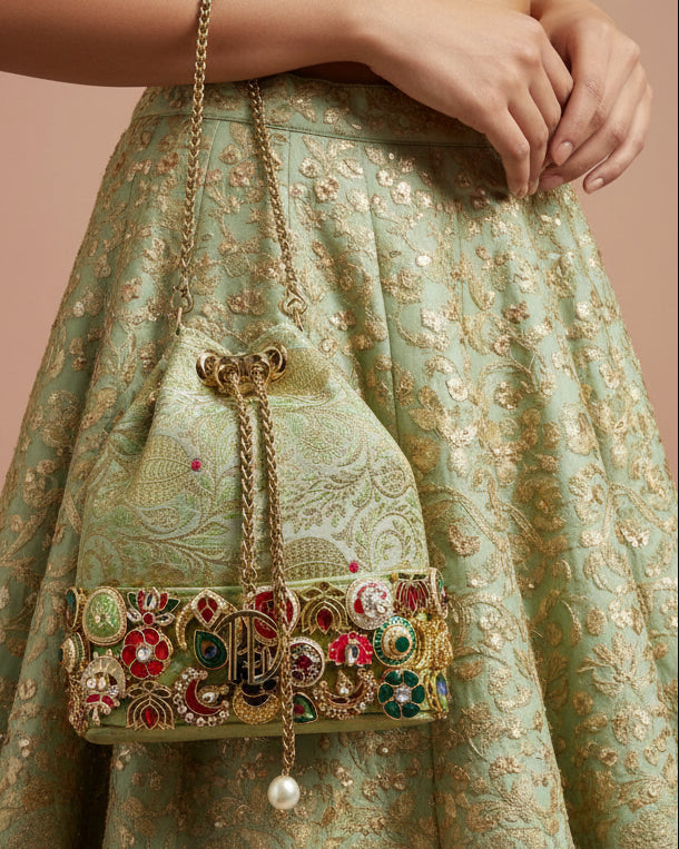Banarasi Kundan Mint Green Bucket Bag