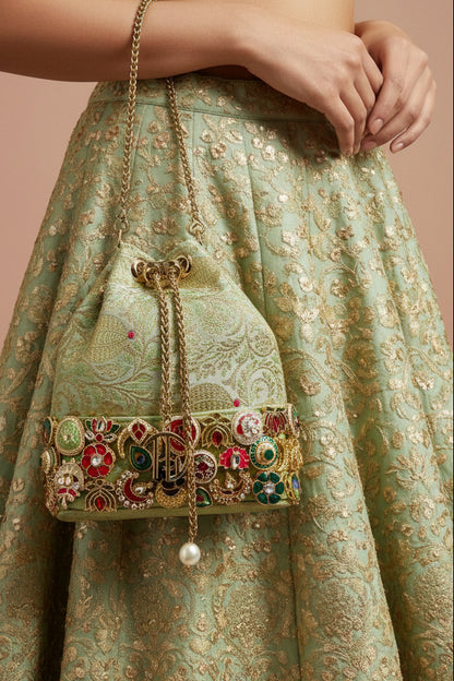 Banarasi Kundan Green Bucket Bag