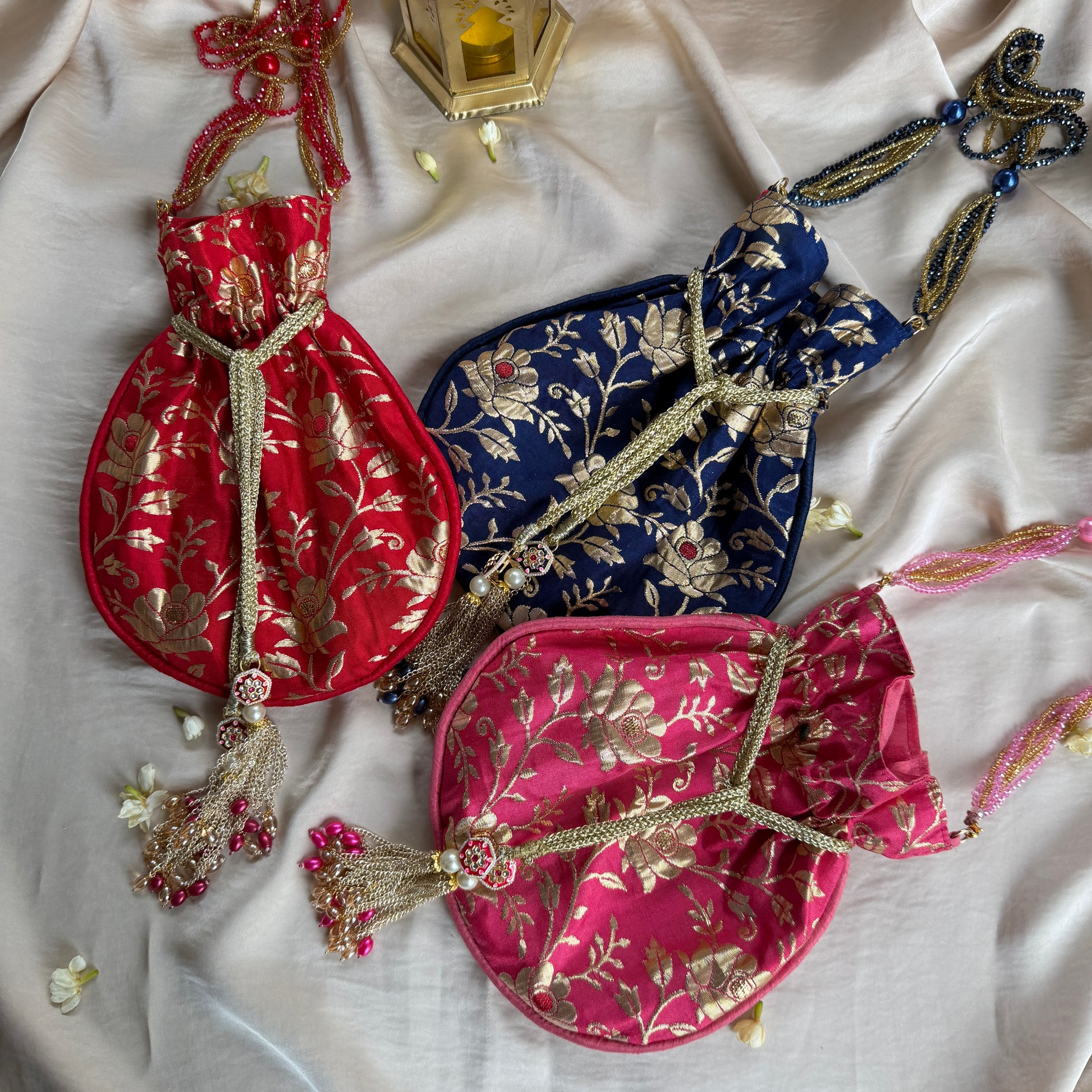Banarasi Floral Potli Set Of 3 Colours