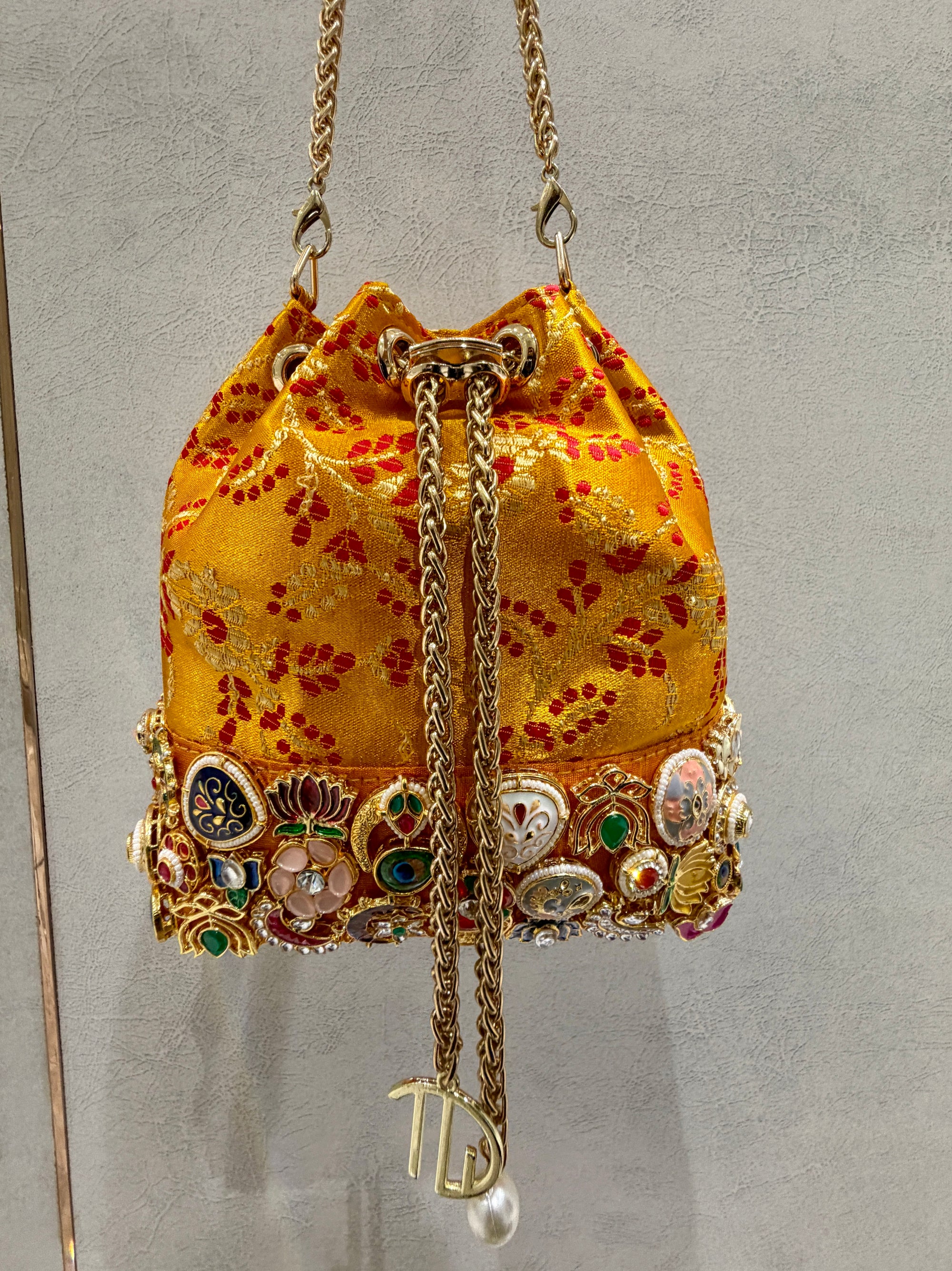 Banarasi Kundan Yellow Bucket Bag