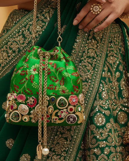 Banarasi Kundan Dark Green Bucket Bag