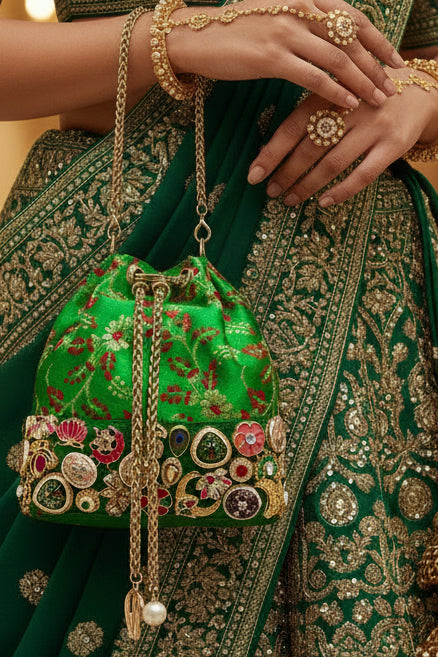 Banarasi Kundan Dark Green Bucket Bag