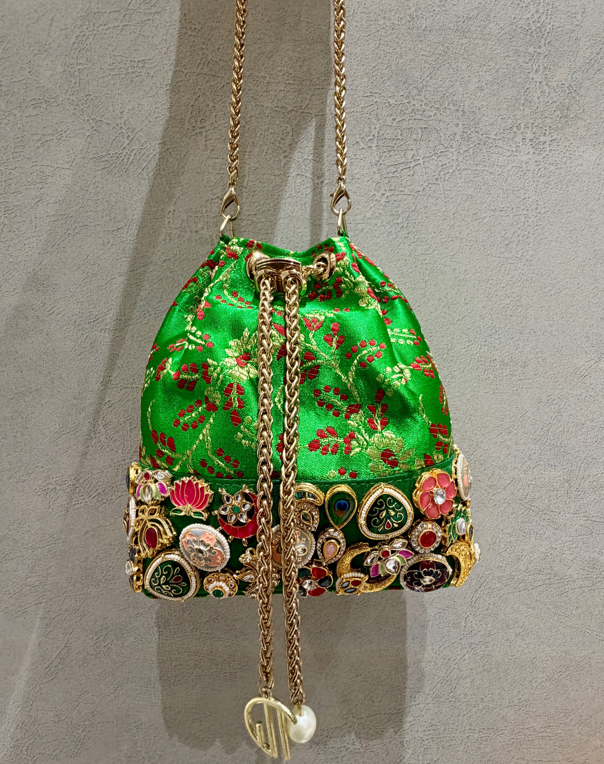 Banarasi Kundan Dark Green Bucket Bag