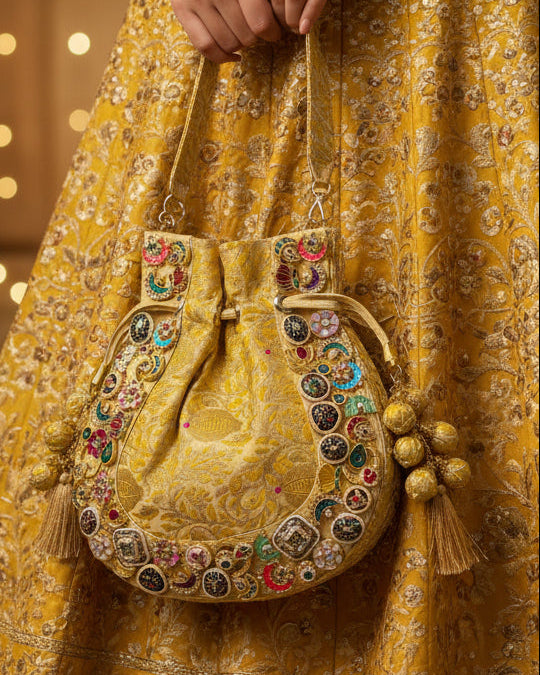 Banarasi Kundan Golden Potli Bag