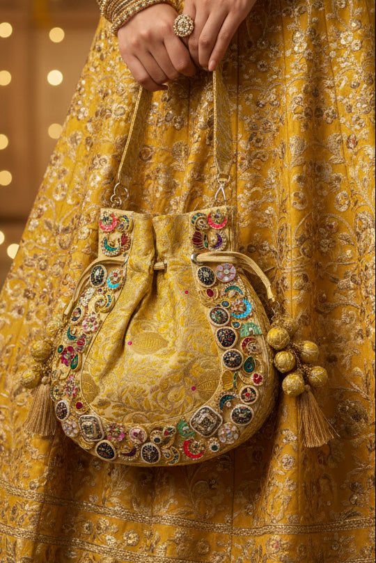 Banarasi Kundan Golden Potli Bag