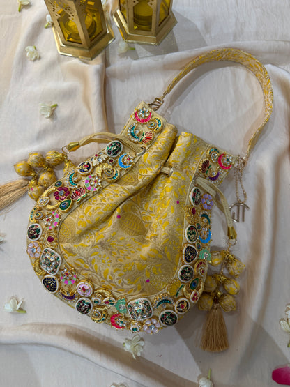 Banarasi Kundan Golden Potli Bag
