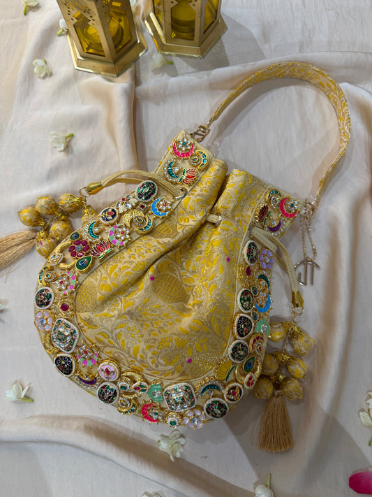 Banarasi Kundan Golden Potli Bag