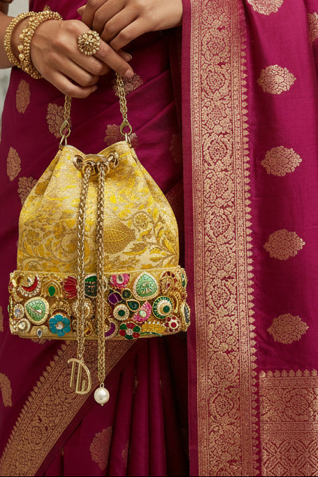 Banarasi Kundan Golden Bucket Bag