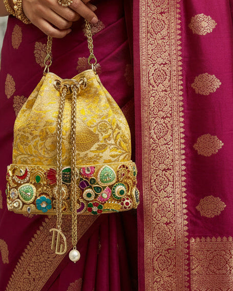 Banarasi Kundan Golden Bucket Bag