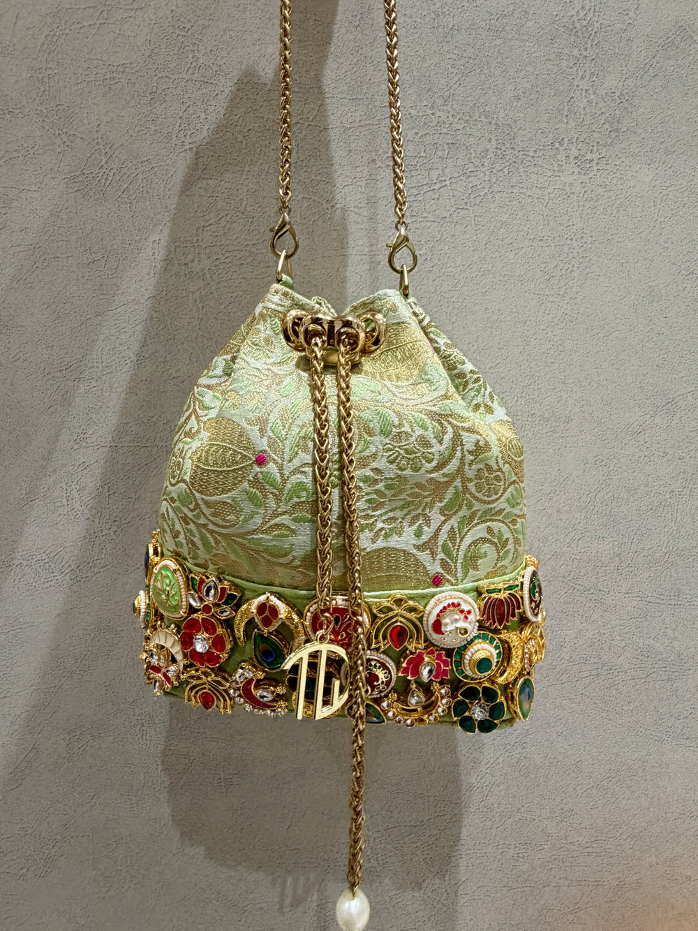 Banarasi Kundan Mint Green Bucket Bag