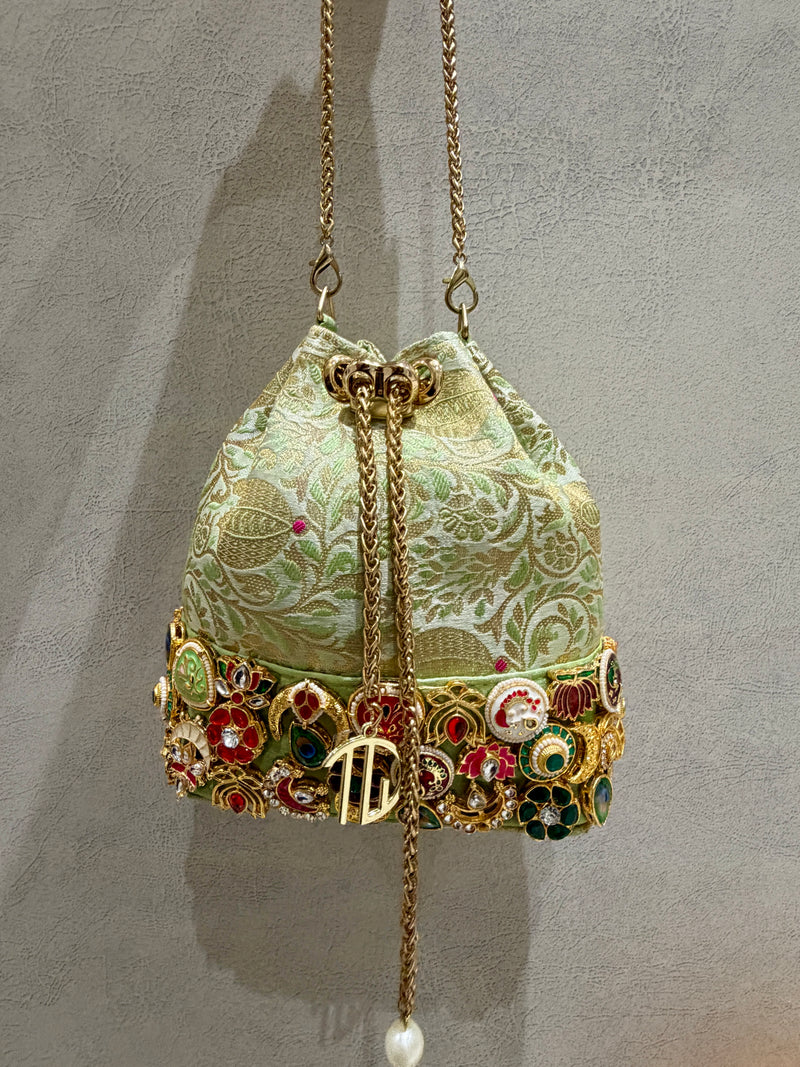 Banarasi Kundan Mint Green Bucket Bag