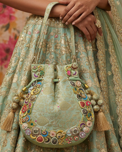 Banarasi Kundan Mint Green Potli Bag