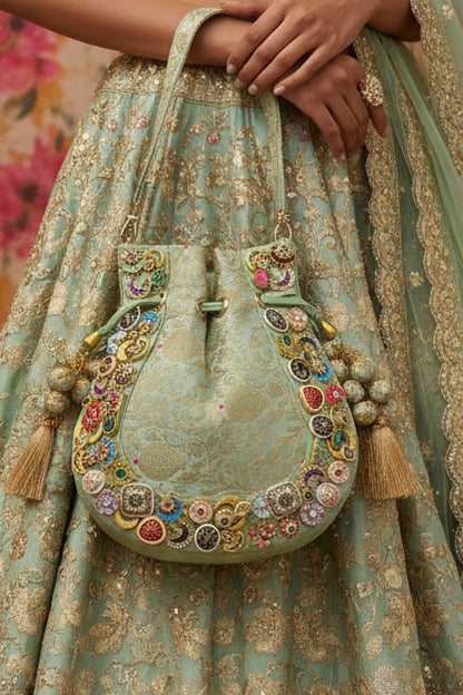 Banarasi Kundan Mint Green Potli Bag