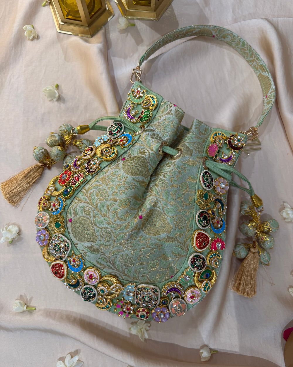 Banarasi Kundan Mint Green Potli Bag