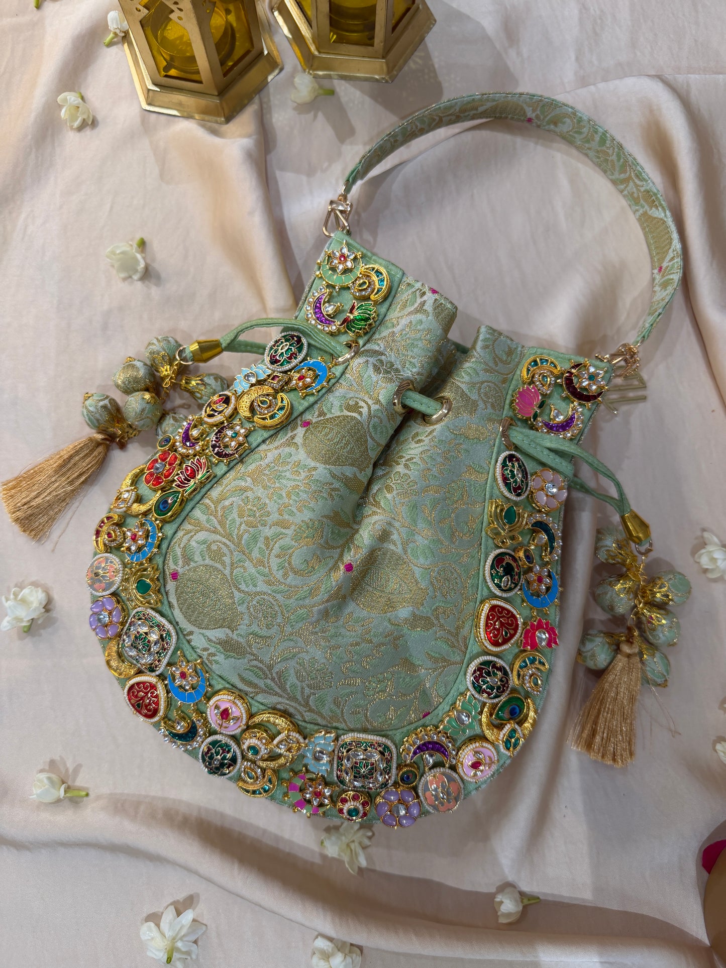 Banarasi Kundan Mint Green Potli Bag