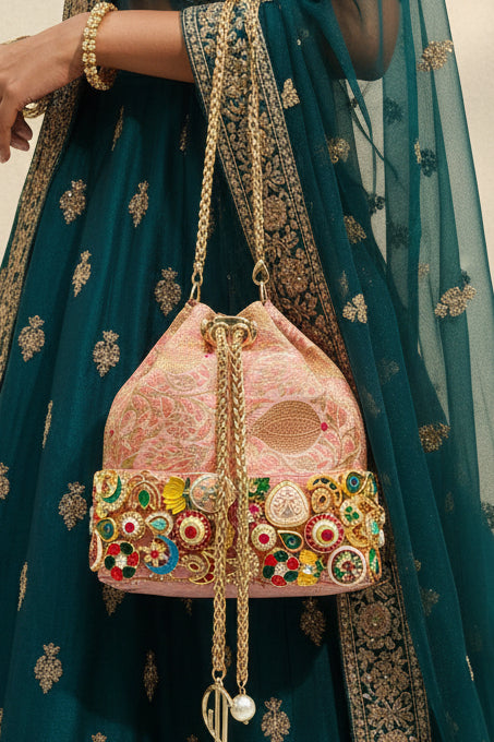 Banarasi Kundan Pink Bucket Bag