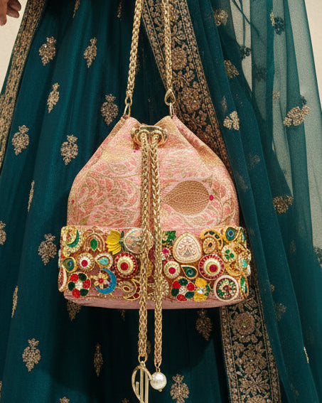 Banarasi Kundan Pink Bucket Bag