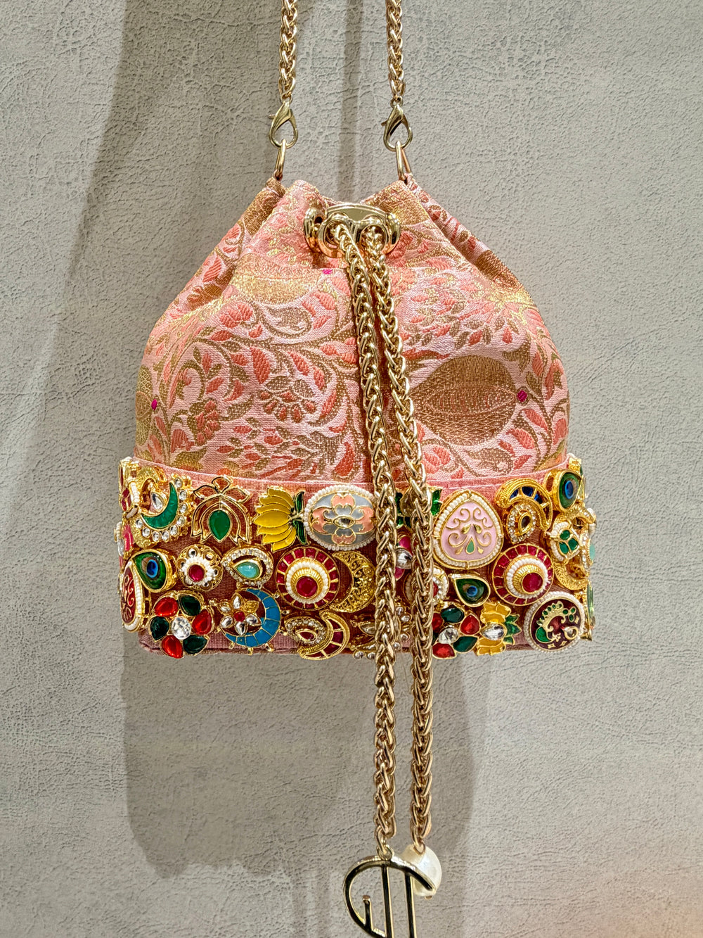 Banarasi Kundan Pink Bucket Bag
