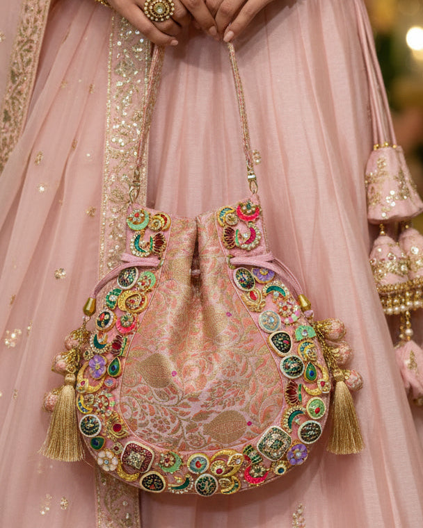 Banarasi Kundan Pink Potli Bag