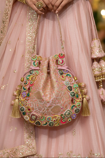Banarasi Kundan Pink Potli Bag