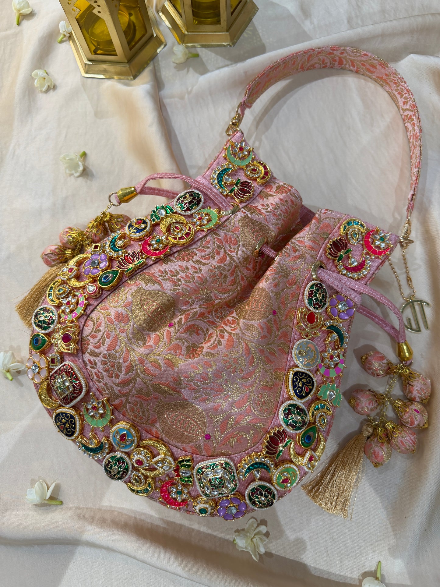 Banarasi Kundan Pink Potli Bag