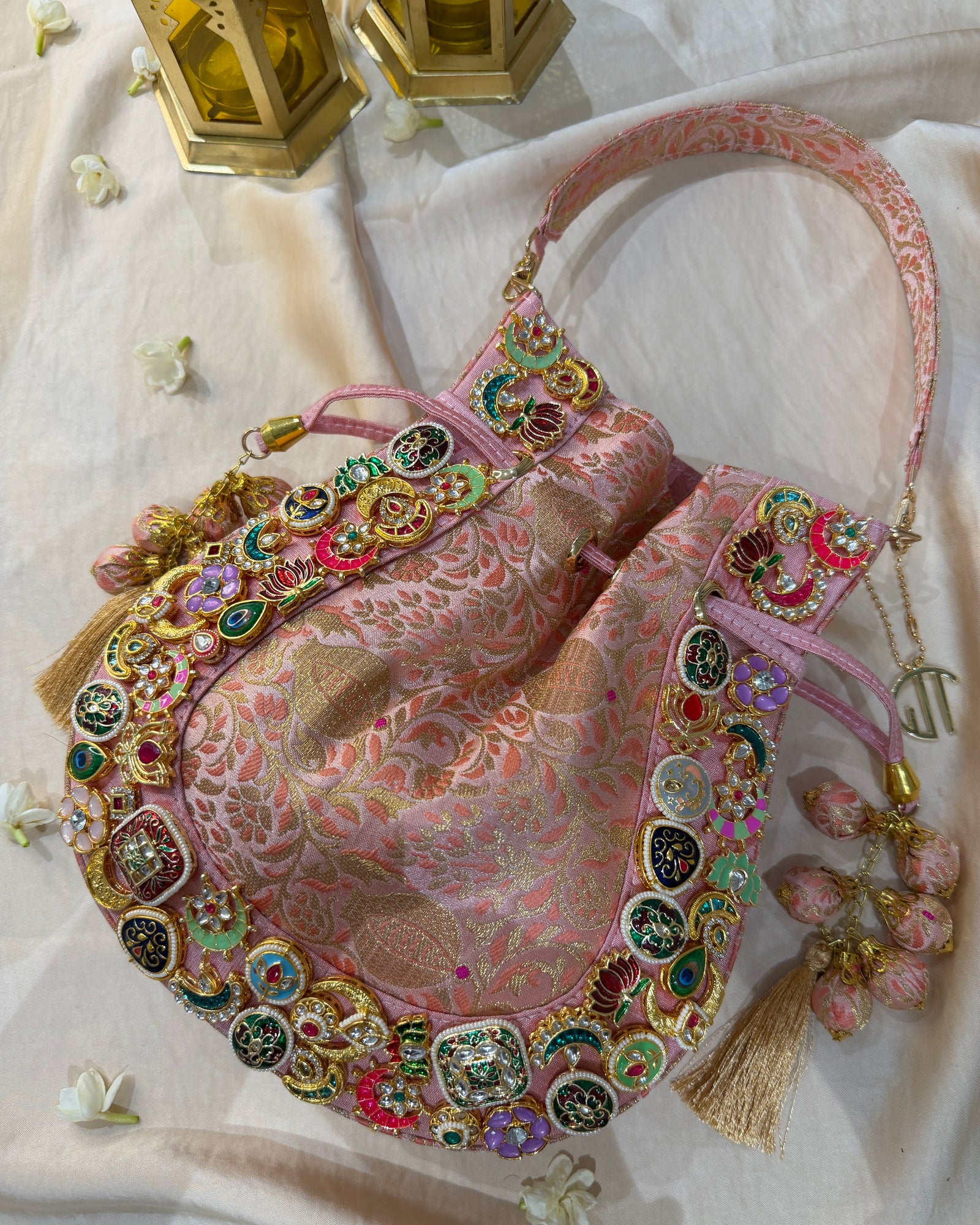 Banarasi Kundan Pink Potli Bag