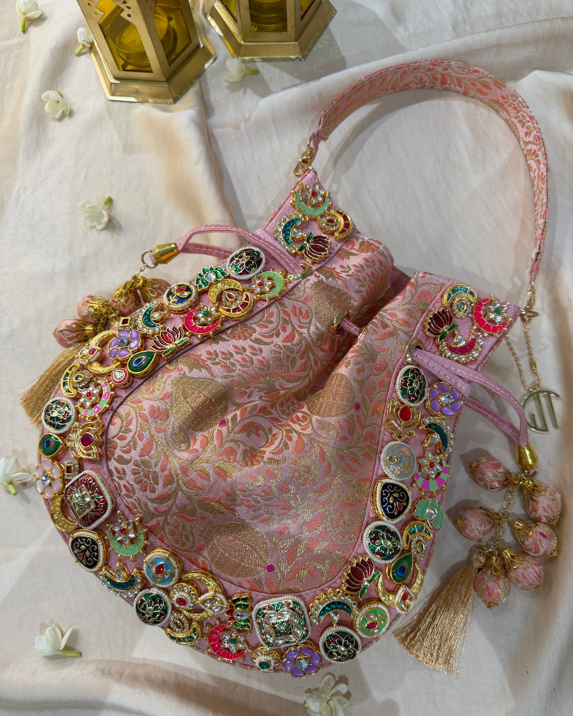 Banarasi Kundan Pink Potli Bag