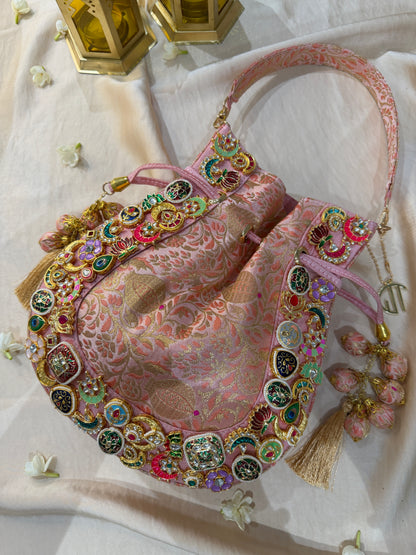 Banarasi Kundan Pink Potli Bag