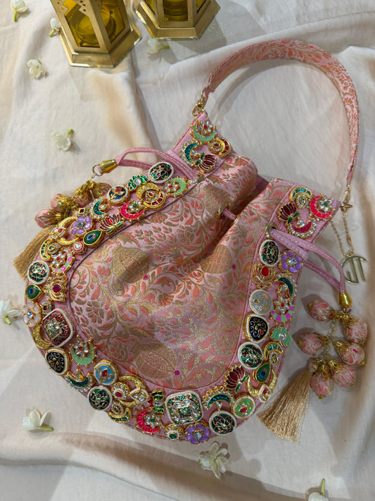 Banarasi Kundan Pink Potli Bag