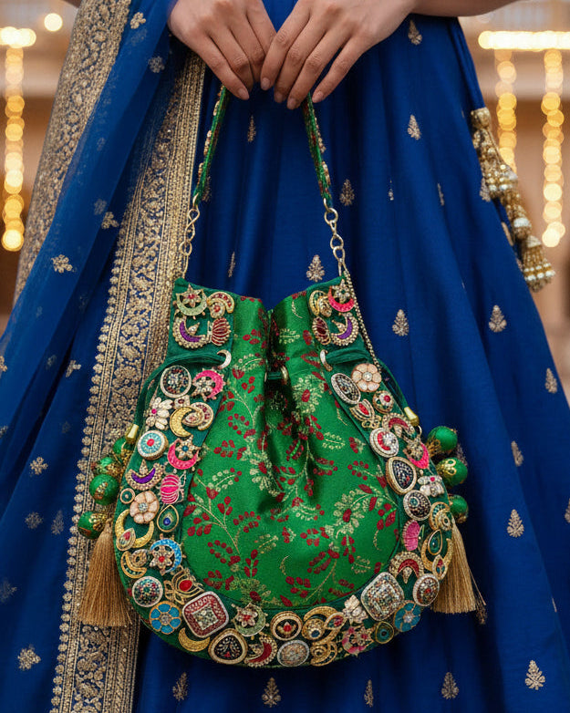 Banarasi Kundan Vibrant Green Potli Bag