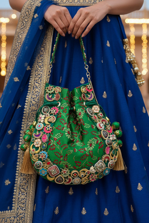Banarasi Kundan Vibrant Green Potli Bag