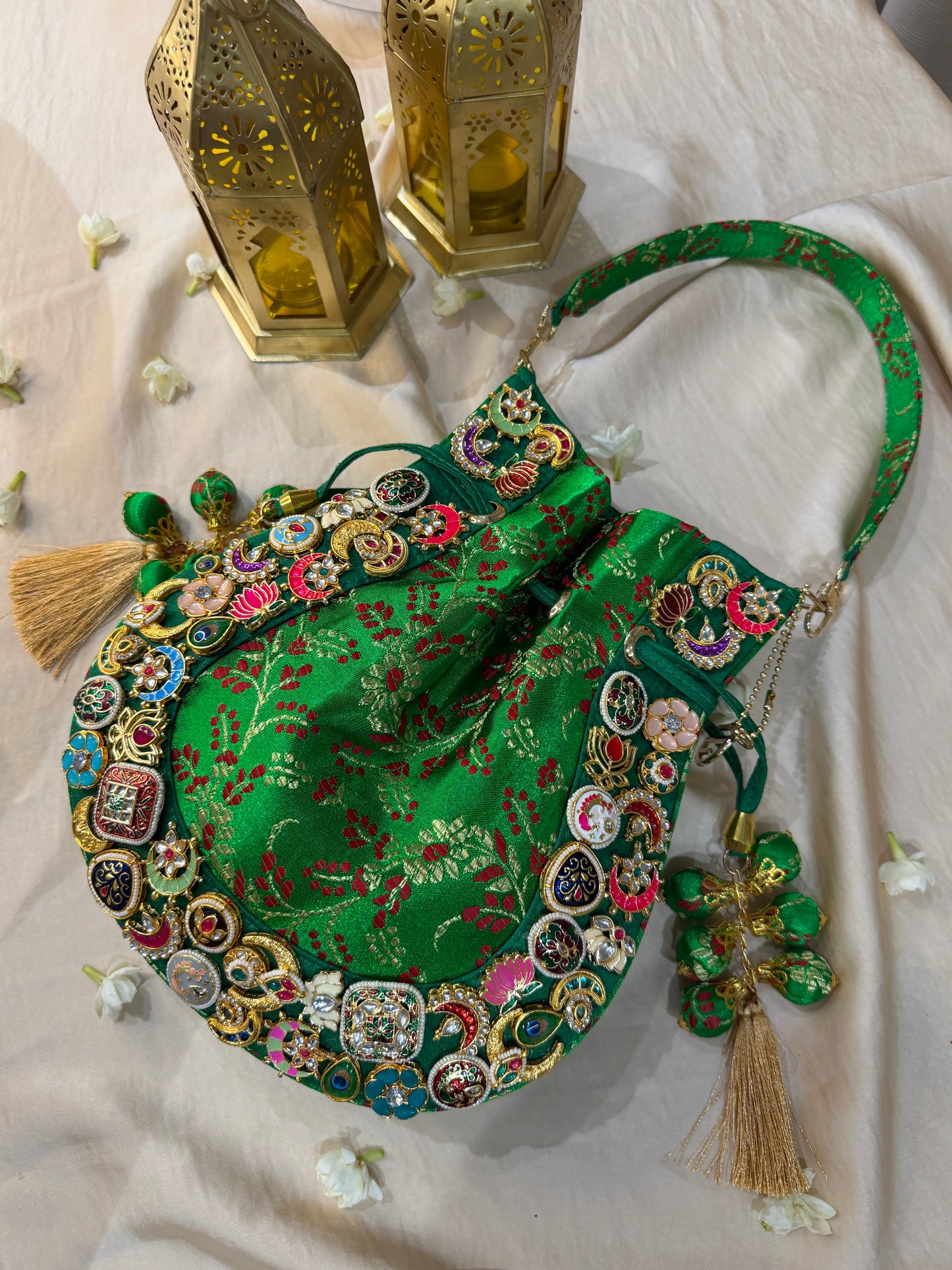 Banarasi Kundan Vibrant Green Potli Bag