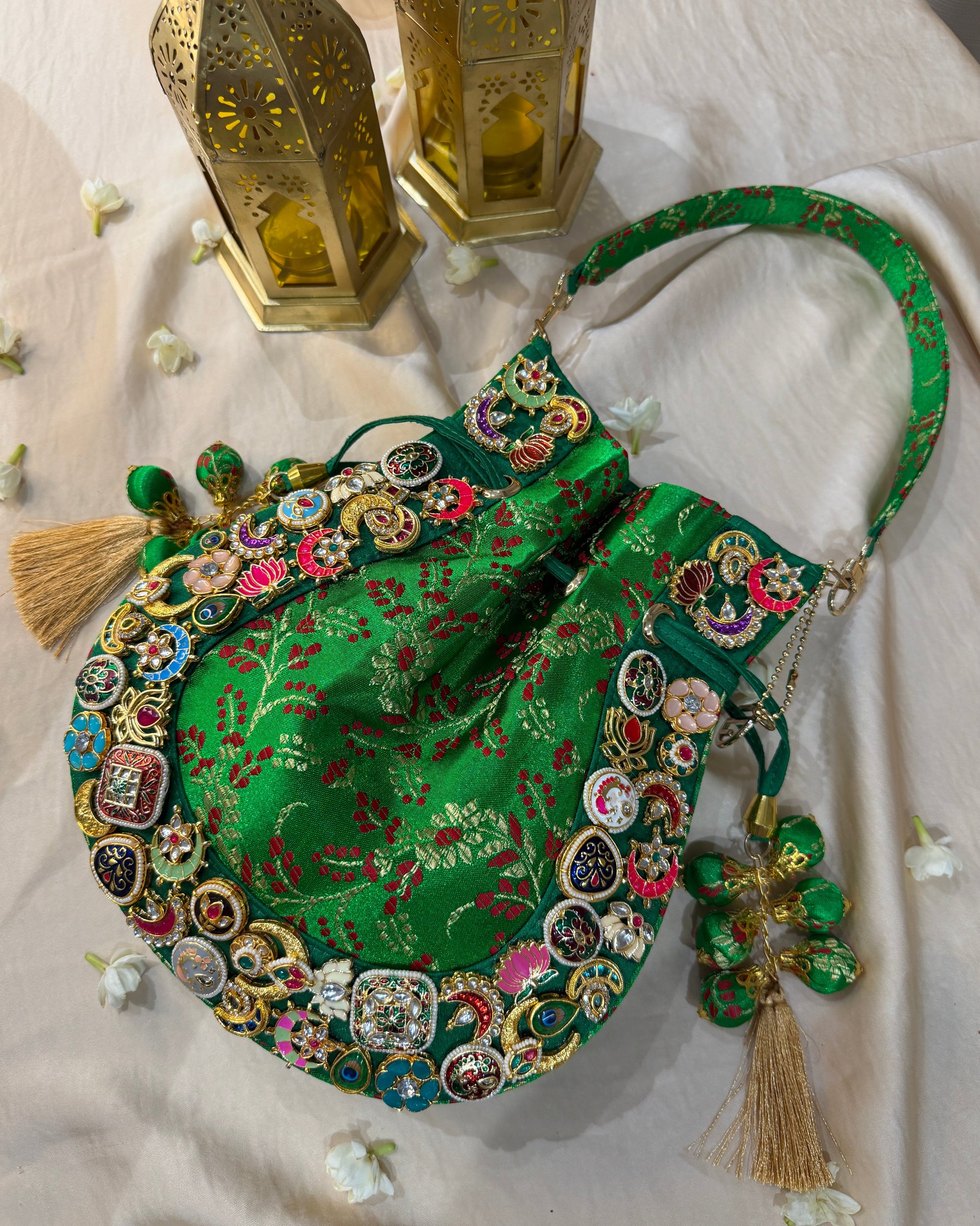 Banarasi Kundan Vibrant Green Potli Bag