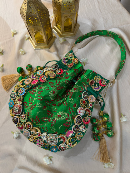 Banarasi Kundan Vibrant Green Potli Bag