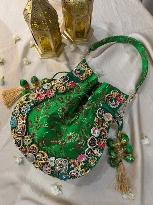 Banarasi Kundan Vibrant Green Potli Bag