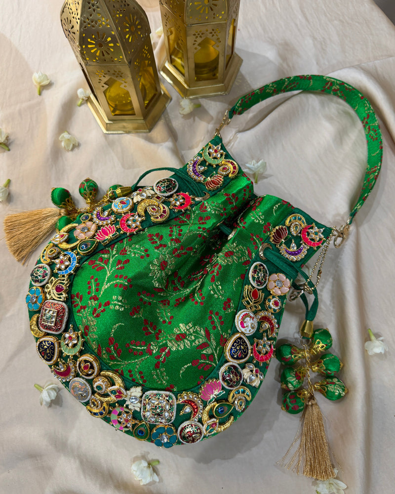 Banarasi Kundan Vibrant Green Potli Bag