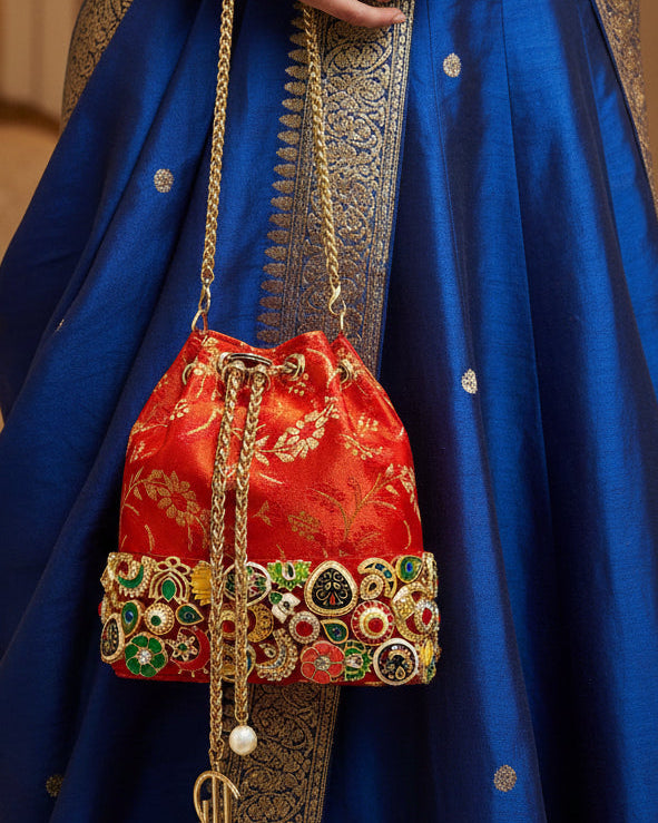 Banarasi Kundan Red Bucket Bag