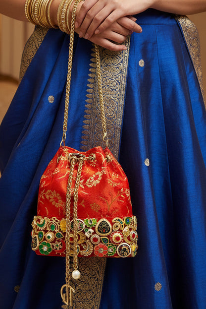 Banarasi Kundan Red Bucket Bag
