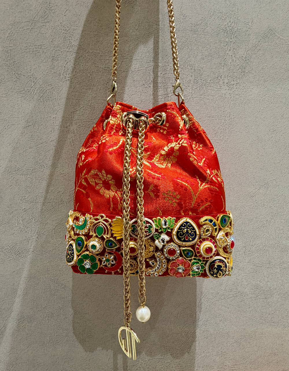 Banarasi Kundan Red Bucket Bag