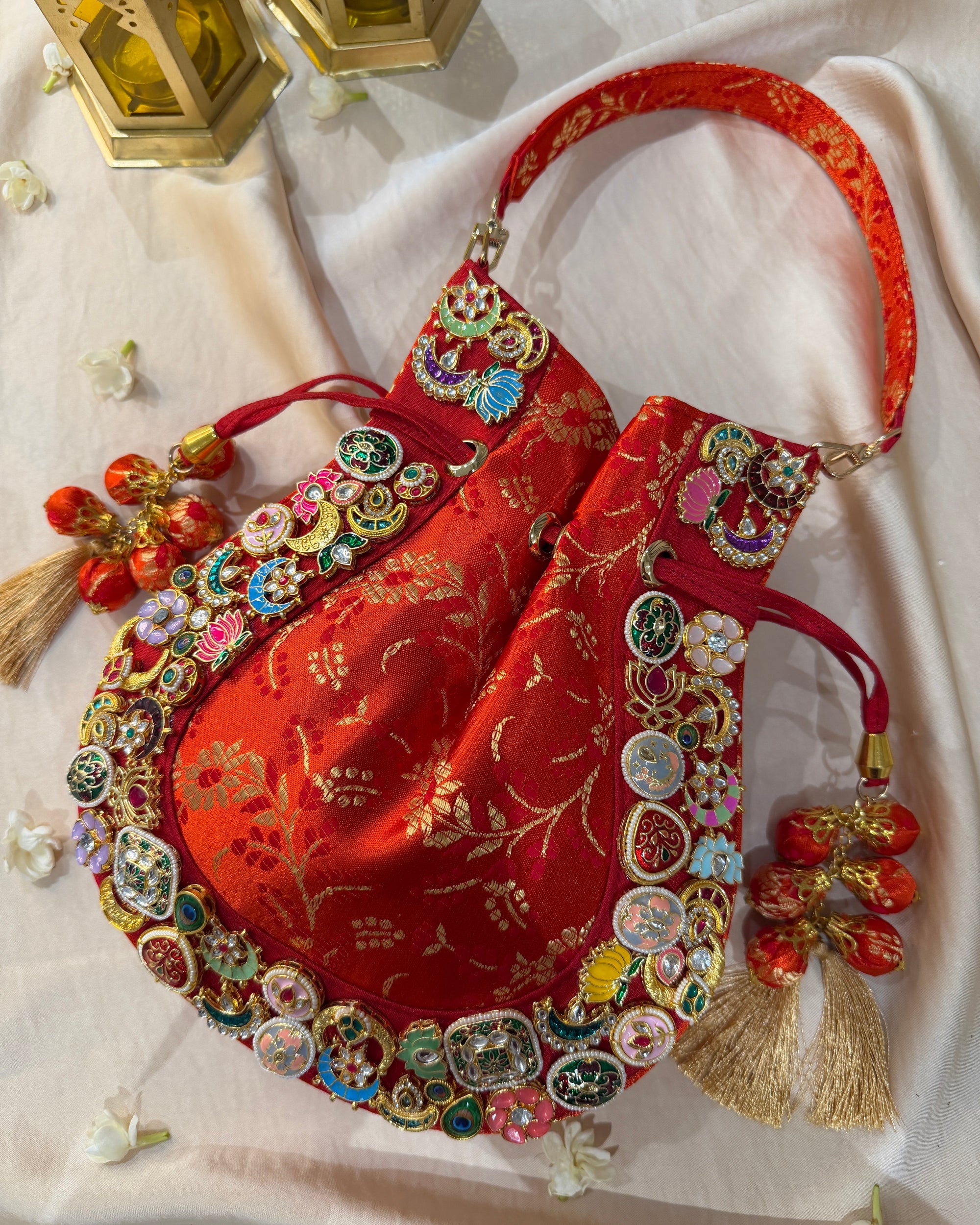 Banarasi Kundan Vibrant Red Potli Bag