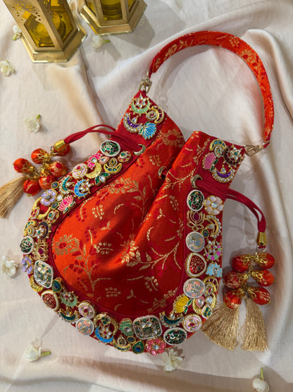 Banarasi Kundan Vibrant Red Potli Bag