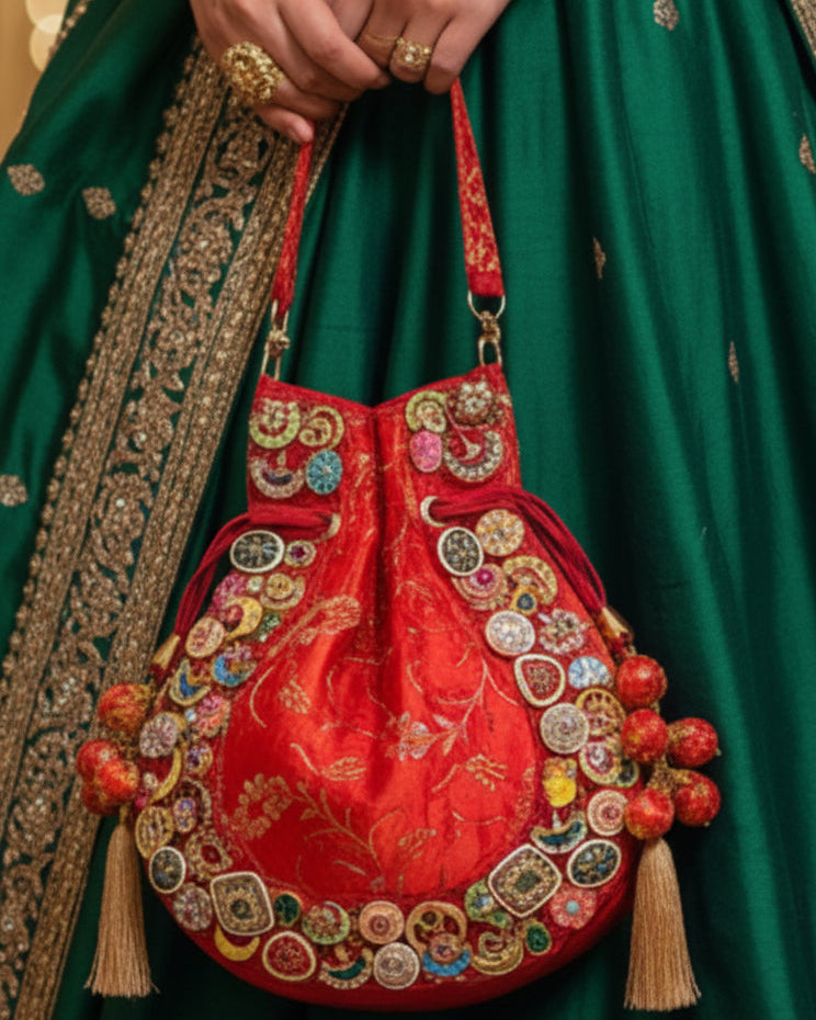 Banarasi Kundan Vibrant Red Potli Bag