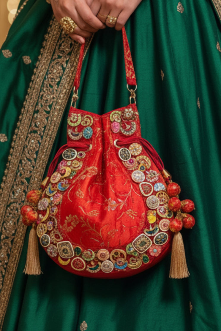 Banarasi Kundan Vibrant Red Potli Bag