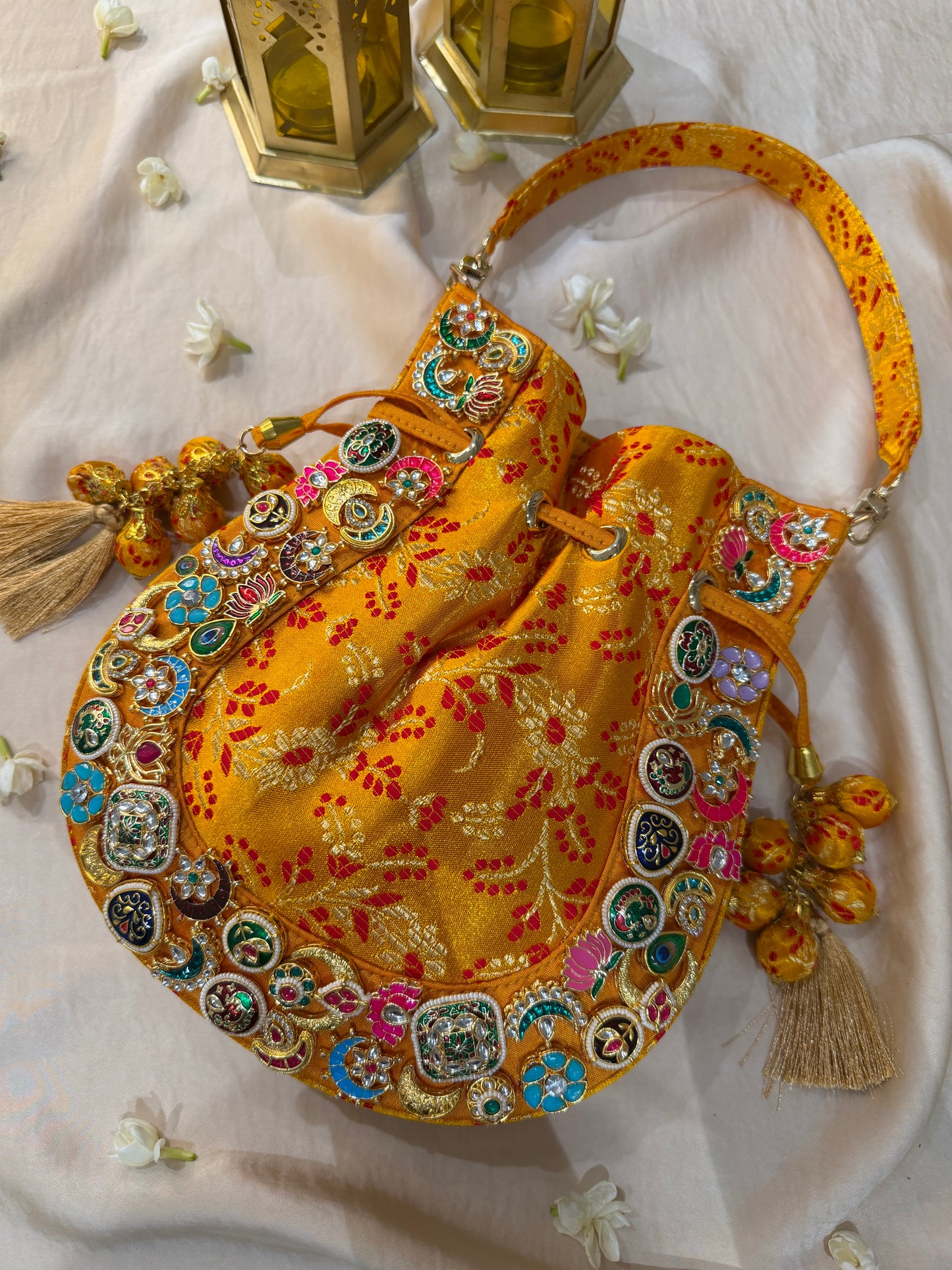 Banarasi Kundan Vibrant Yellow Potli Bag