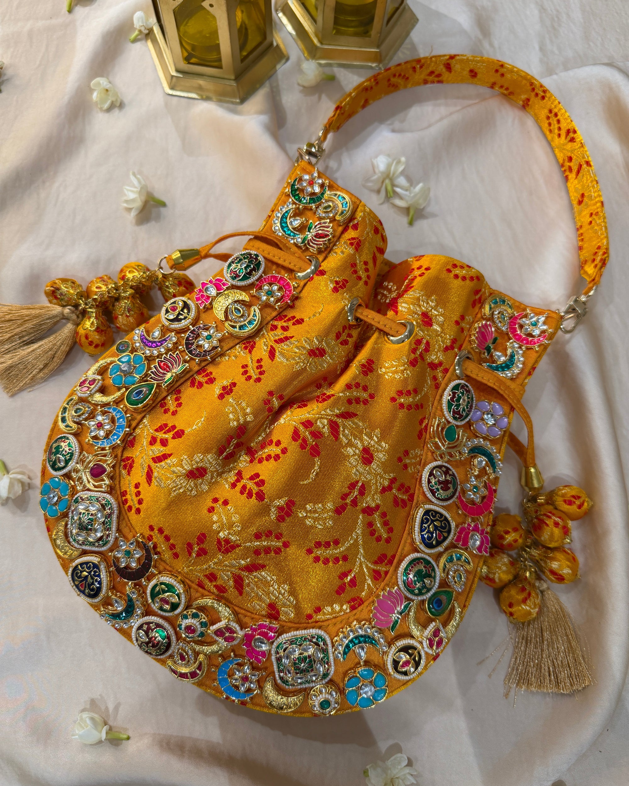 Banarasi Kundan Vibrant Yellow Potli Bag