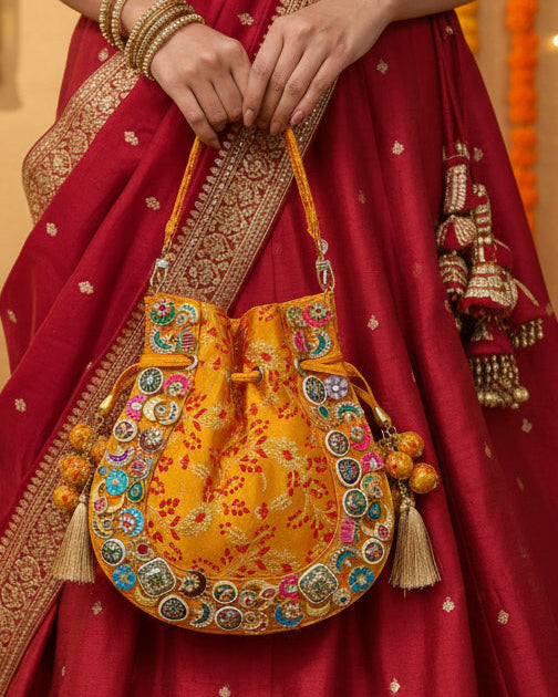 Banarasi Kundan Vibrant Yellow Potli Bag
