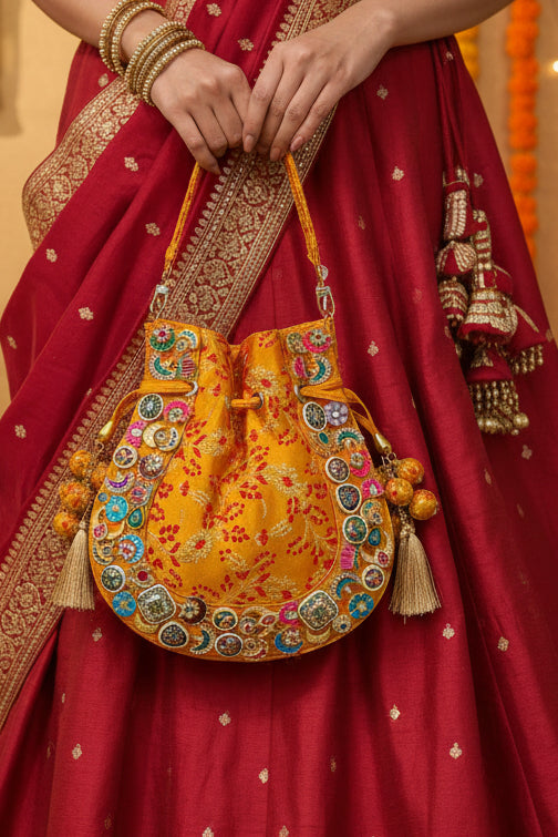 Banarasi Kundan Vibrant Yellow Potli Bag