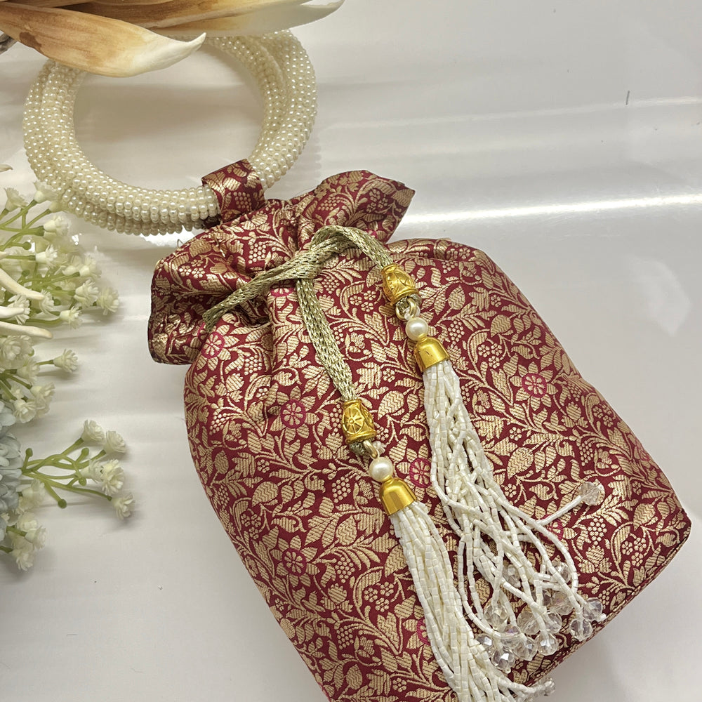 Red and Golden Silk Banarsi Potli