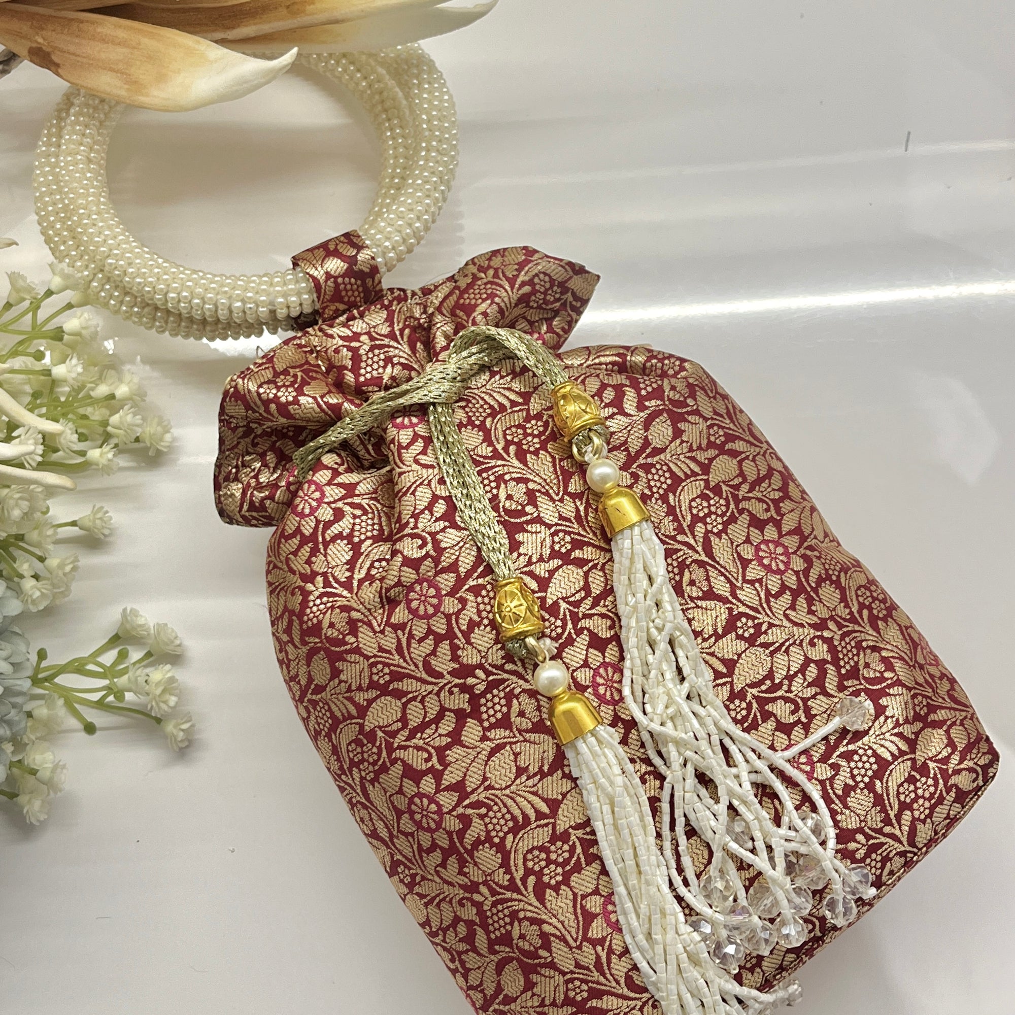 Red and Golden Silk Banarsi Potli